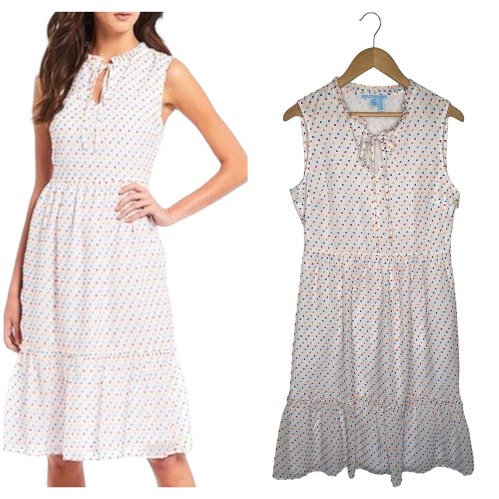 Draper James Dress Womens 10 Midi Swiss Polka Dot Tiered Ruffled Willow White